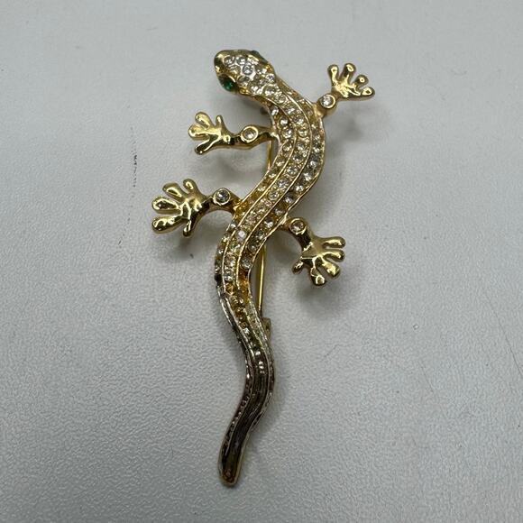 Vintage  Gold Toned Rhinestone Embellished Gecko Lizard Brooch Pin - Picture 2 of 4